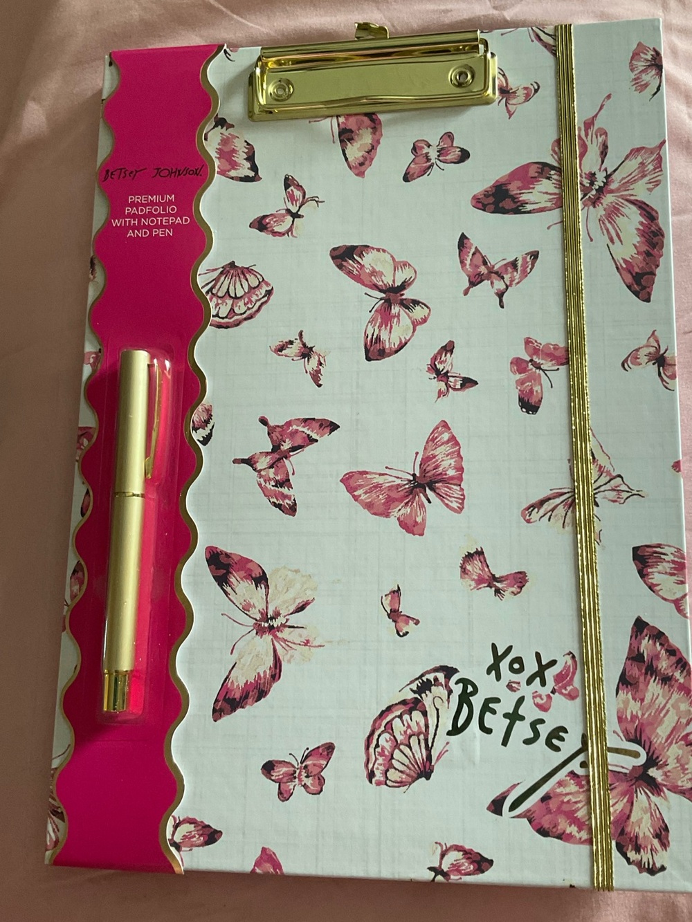 Betsey Johnson Butterfly Clipboard Set with pink butterfly Accents & Gold Pen